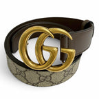 Gucci GG Supreme Canvas Logo Buckle Leather Belt Beige Brown Gold