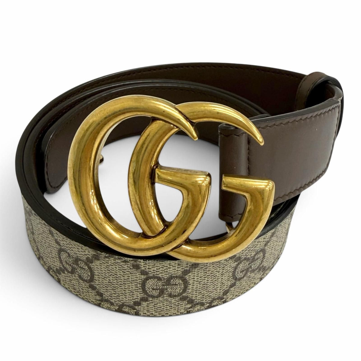 Gucci GG Supreme Canvas Logo Buckle Leather Belt Beige Brown Gold
