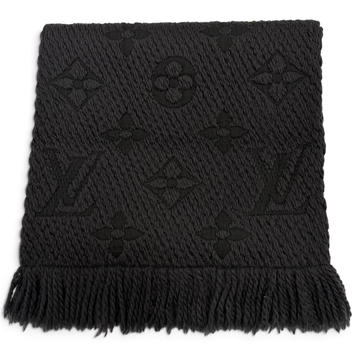 Louis Vuitton Logomania Scarf Monogram Wool Silk Fringed Dark Gray