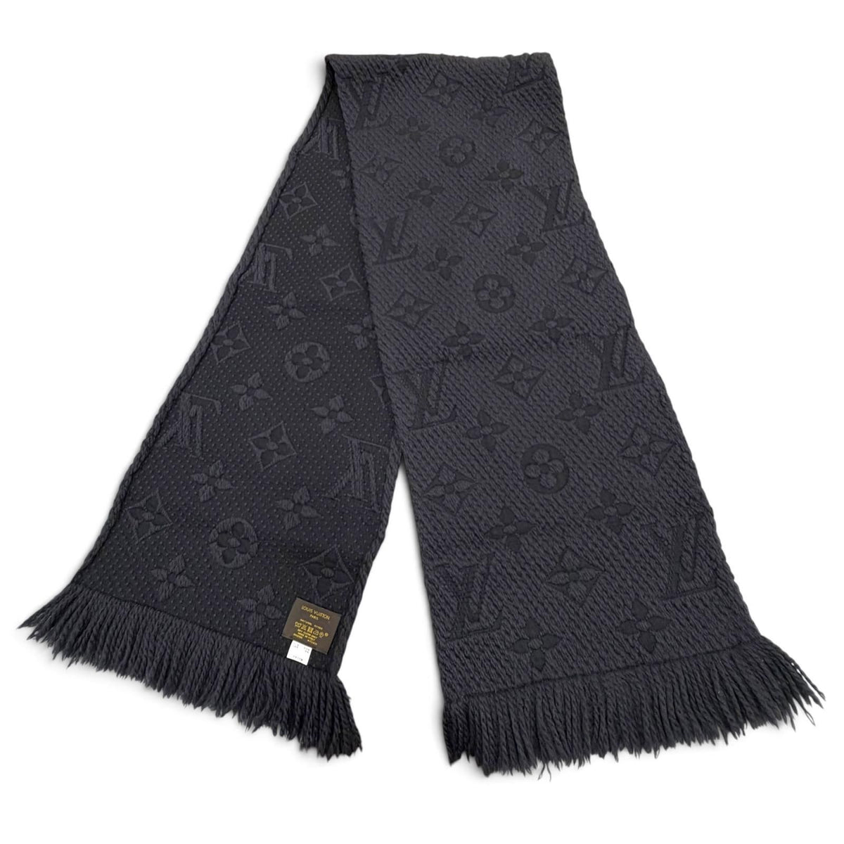 Louis Vuitton Logomania Scarf Monogram Wool Silk Fringed Dark Gray — view 3