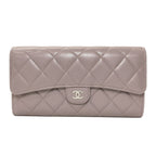 Chanel Quilted Classic Long Silver Wallet Grained Calfskin