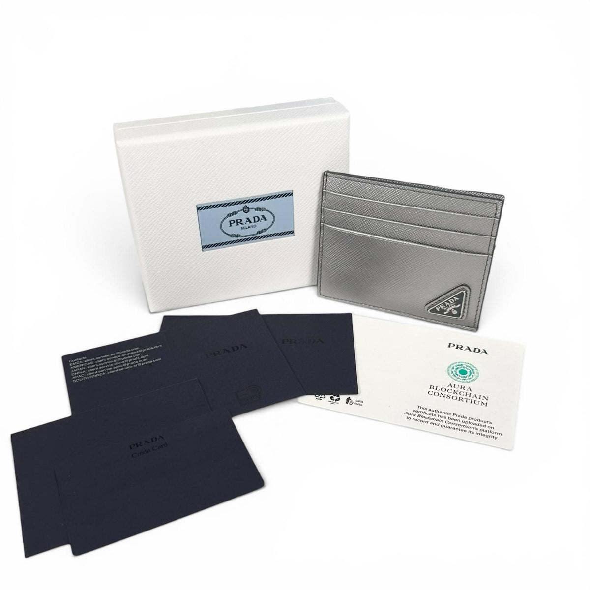 Prada Saffiano Leather Triangle Plate Logo Card Case Silver — view 2
