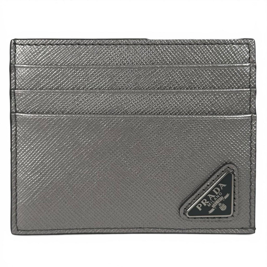 Prada Saffiano Leather Triangle Plate Logo Card Case Silver
