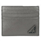 Prada Saffiano Leather Triangle Plate Logo Card Case Silver