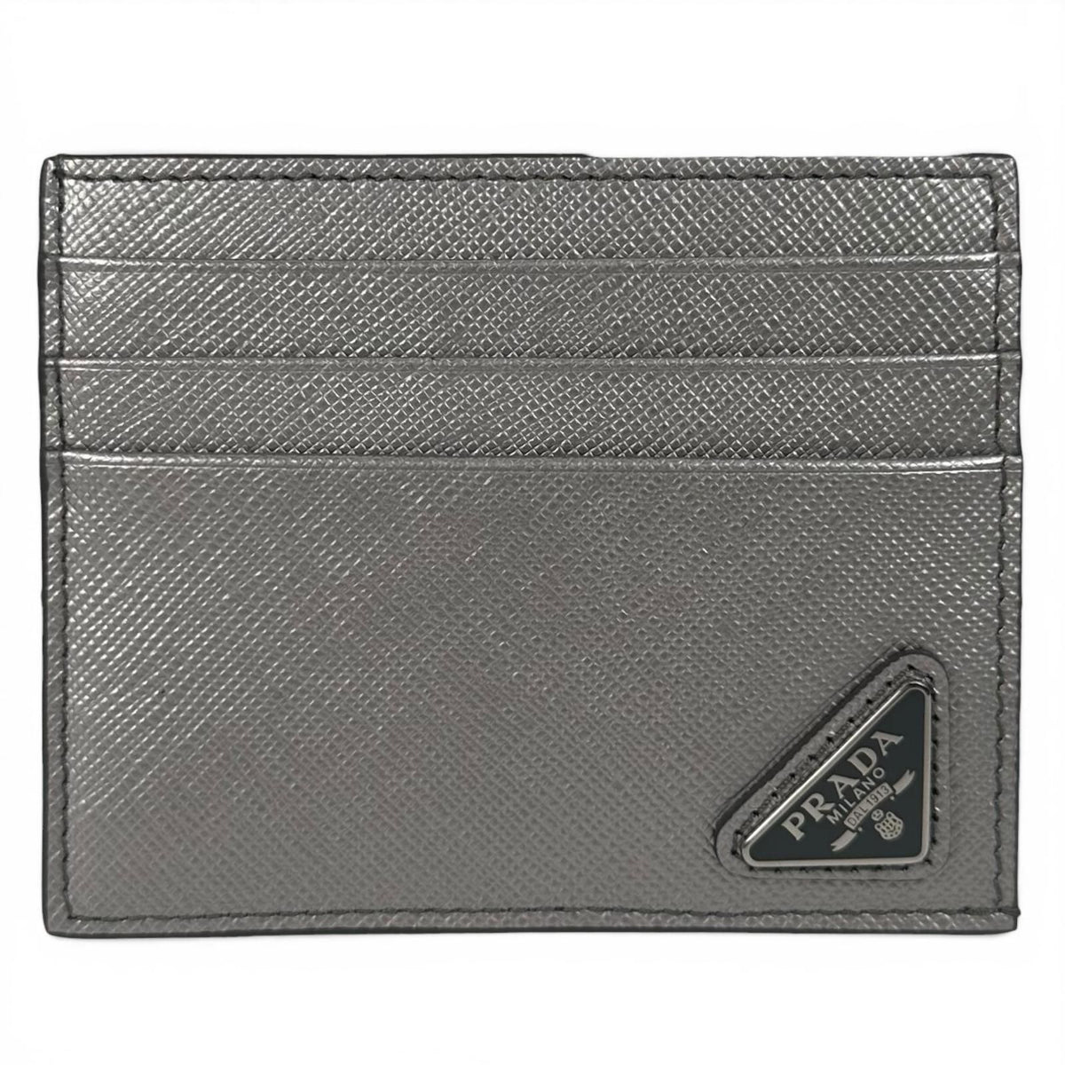 Prada Saffiano Leather Triangle Plate Logo Card Case Silver
