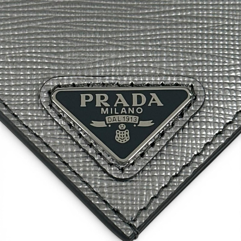 Prada Saffiano Leather Triangle Plate Logo Card Case Silver — view 7