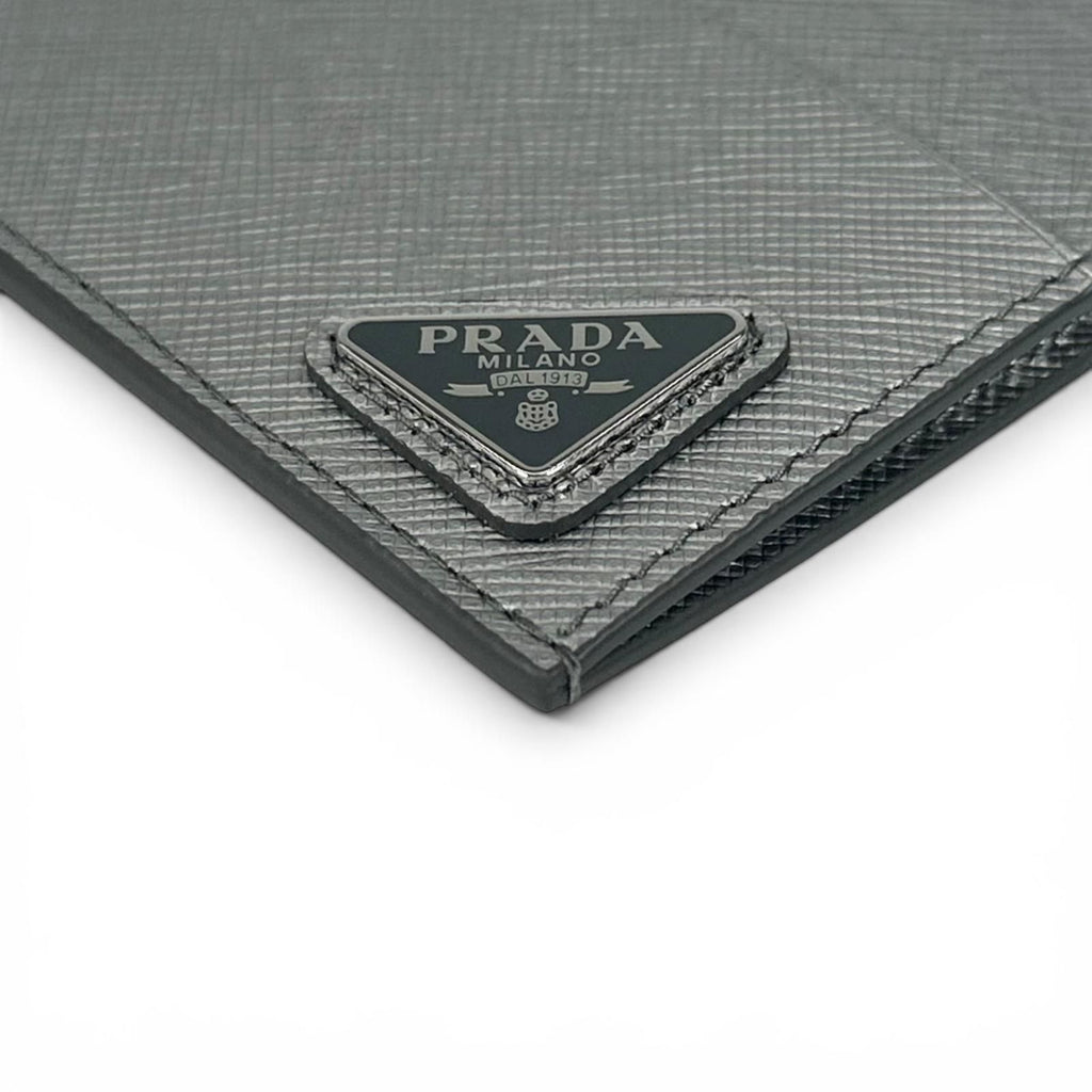 Prada Saffiano Leather Triangle Plate Logo Card Case Silver — view 6