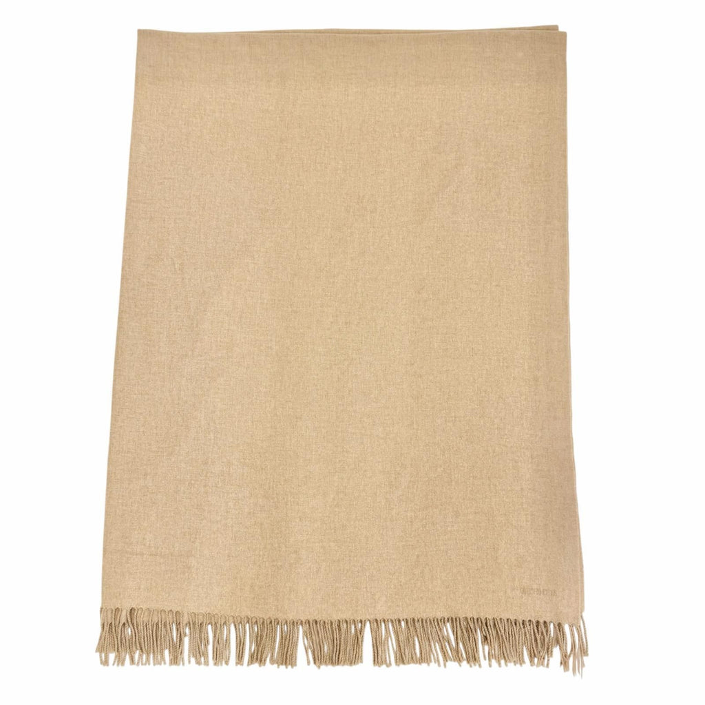 Hermes Cashmere 100% Logo Embroidery Fringe Large Shawl Throw Blanket Beige