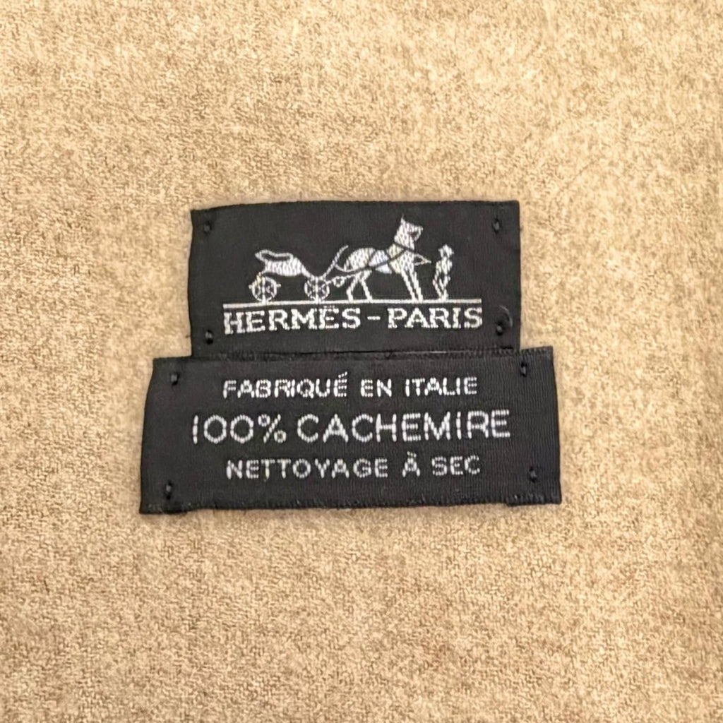 Hermes Cashmere 100% Logo Embroidery Fringe Large Shawl Throw Blanket Beige — view 5