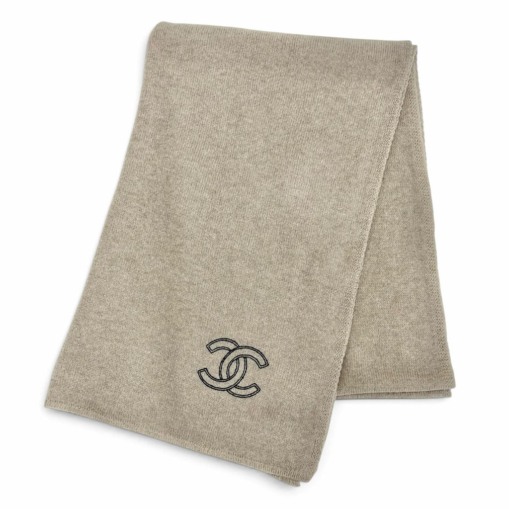 Chanel Cashmere 100% CC Logo Large Shawl Scarf Simple Beige