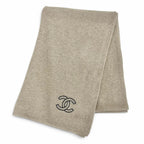 Chanel Cashmere 100% CC Logo Large Shawl Scarf Simple Beige