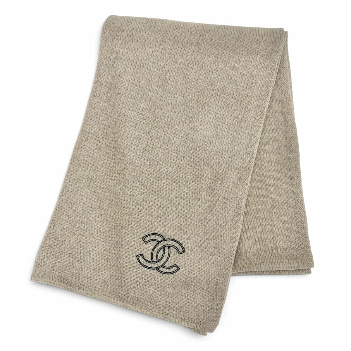 Chanel Cashmere 100% CC Logo Large Shawl Scarf Simple Beige