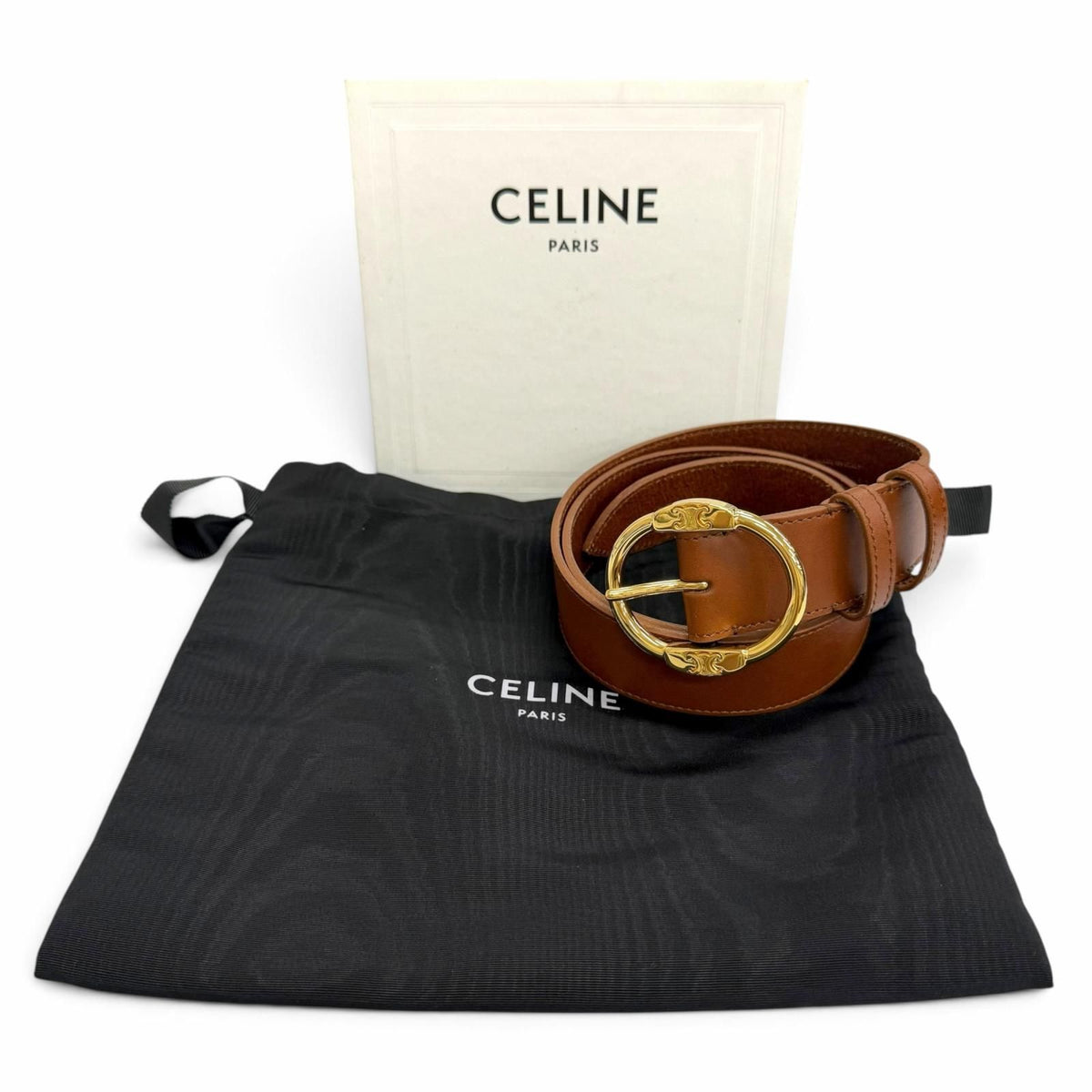 Celine Large Twin Triomphe Vintage Calfskin Leather Belt Brown 75 — view 2
