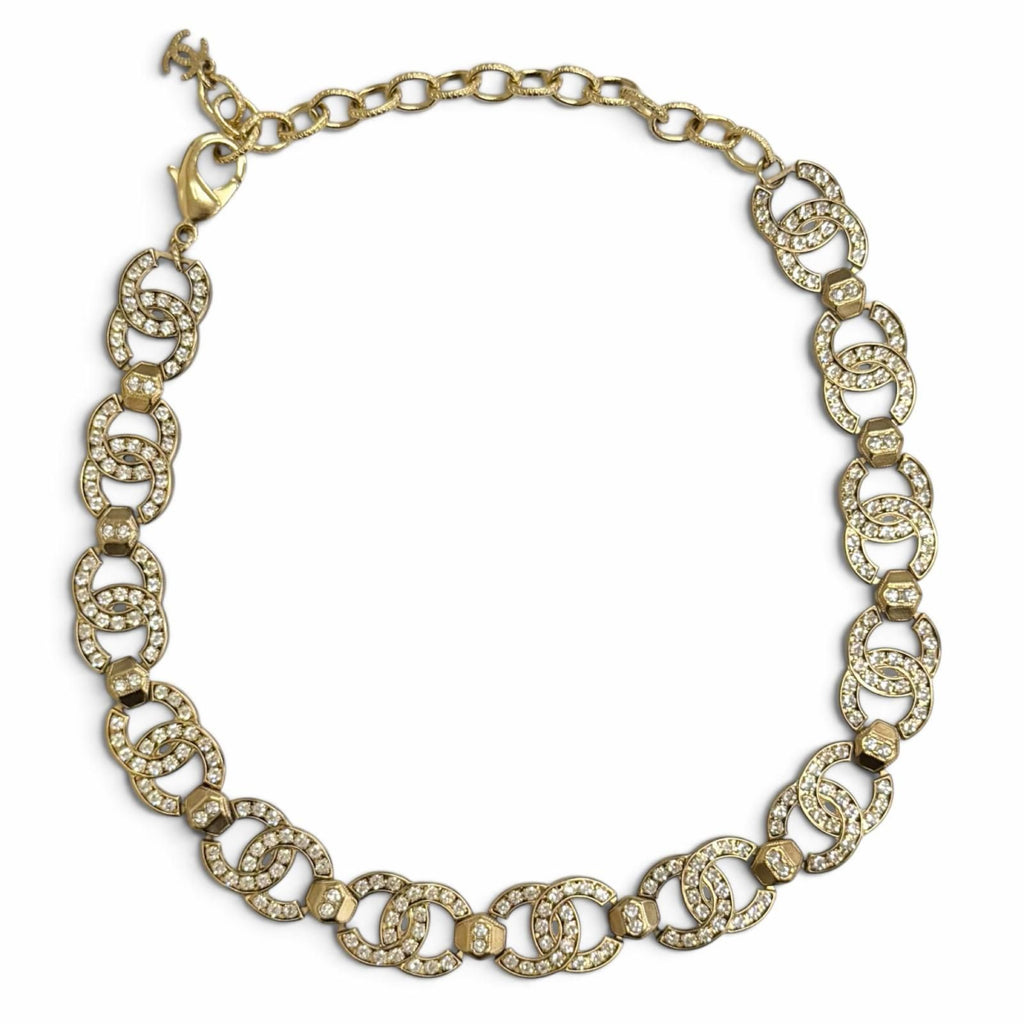 Chanel CC Logo Rhinestone Choker Necklace Gold