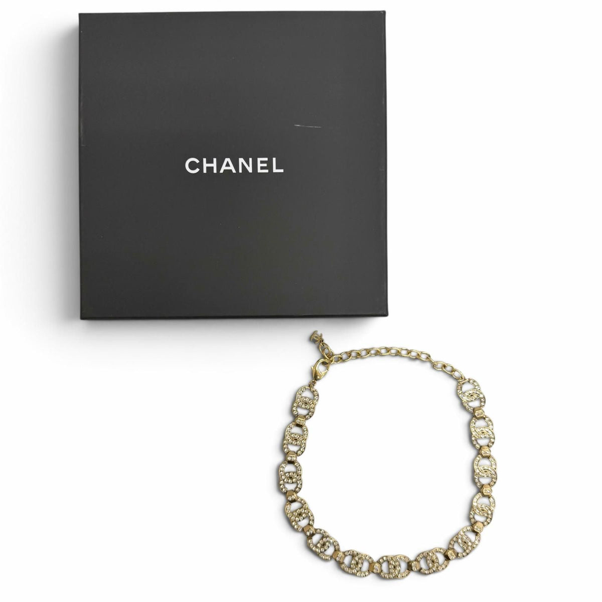 Chanel CC Logo Rhinestone Choker Necklace Gold — view 2