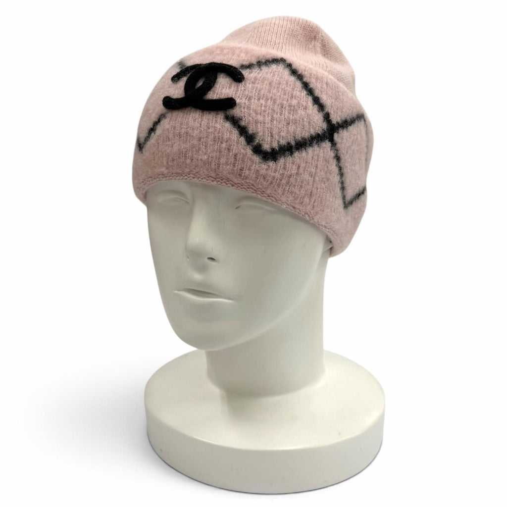 Chanel Wool Cashmere Blend CC Logo Knit Cap Beanie Hat Pink Black
