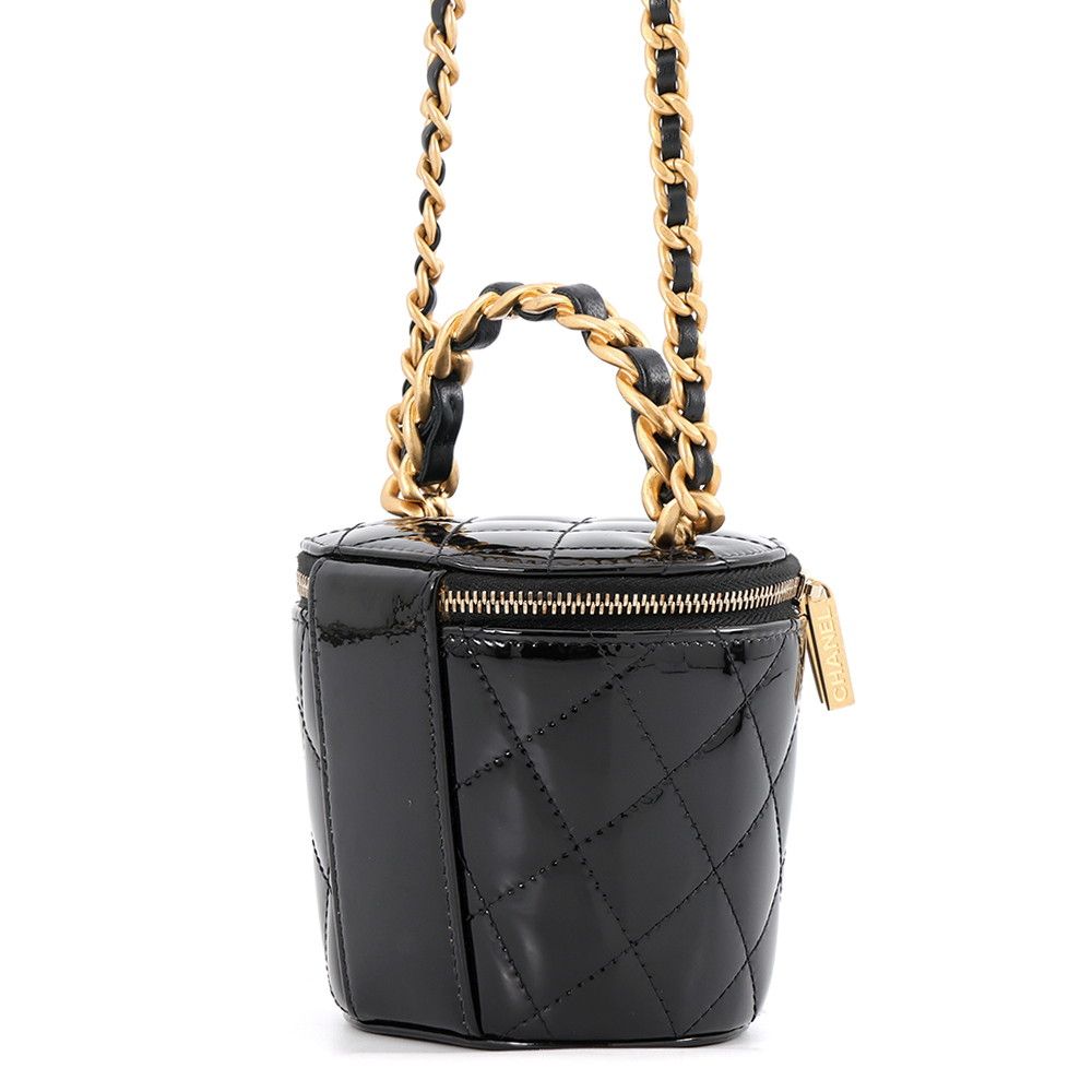Chanel Chain Shoulder Bag Quilted CC Logo Vanity Patent Black — view 2