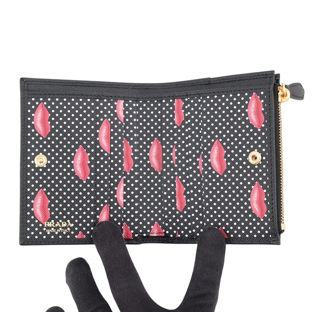 Prada Bifold Wallet Triangle Logo Compact Lip Print Leather Black — view 4