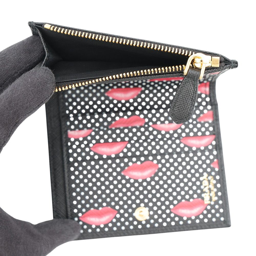 Prada Bifold Wallet Triangle Logo Compact Lip Print Leather Black — view 6