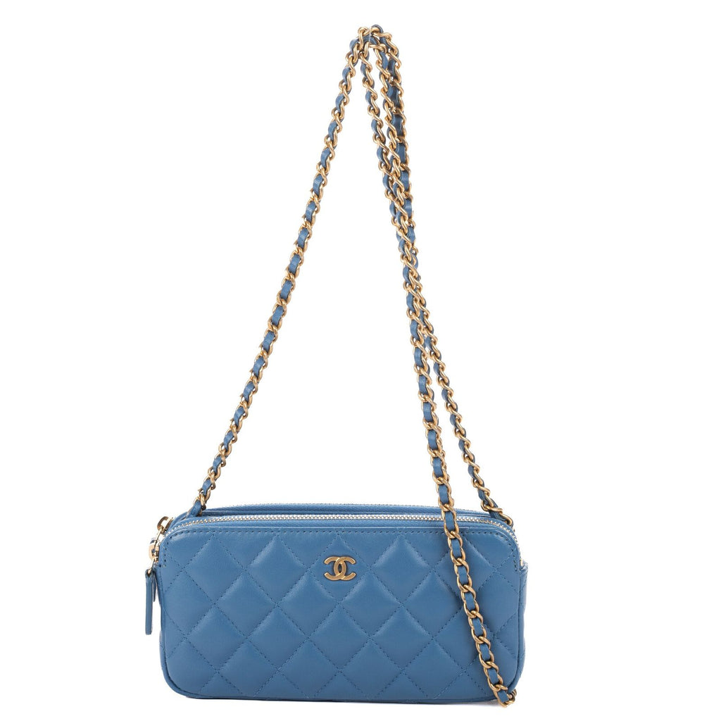 Chanel Double Zip Wallet on Chain Blue Quilted Lambskin Leather Shoulder Bag
