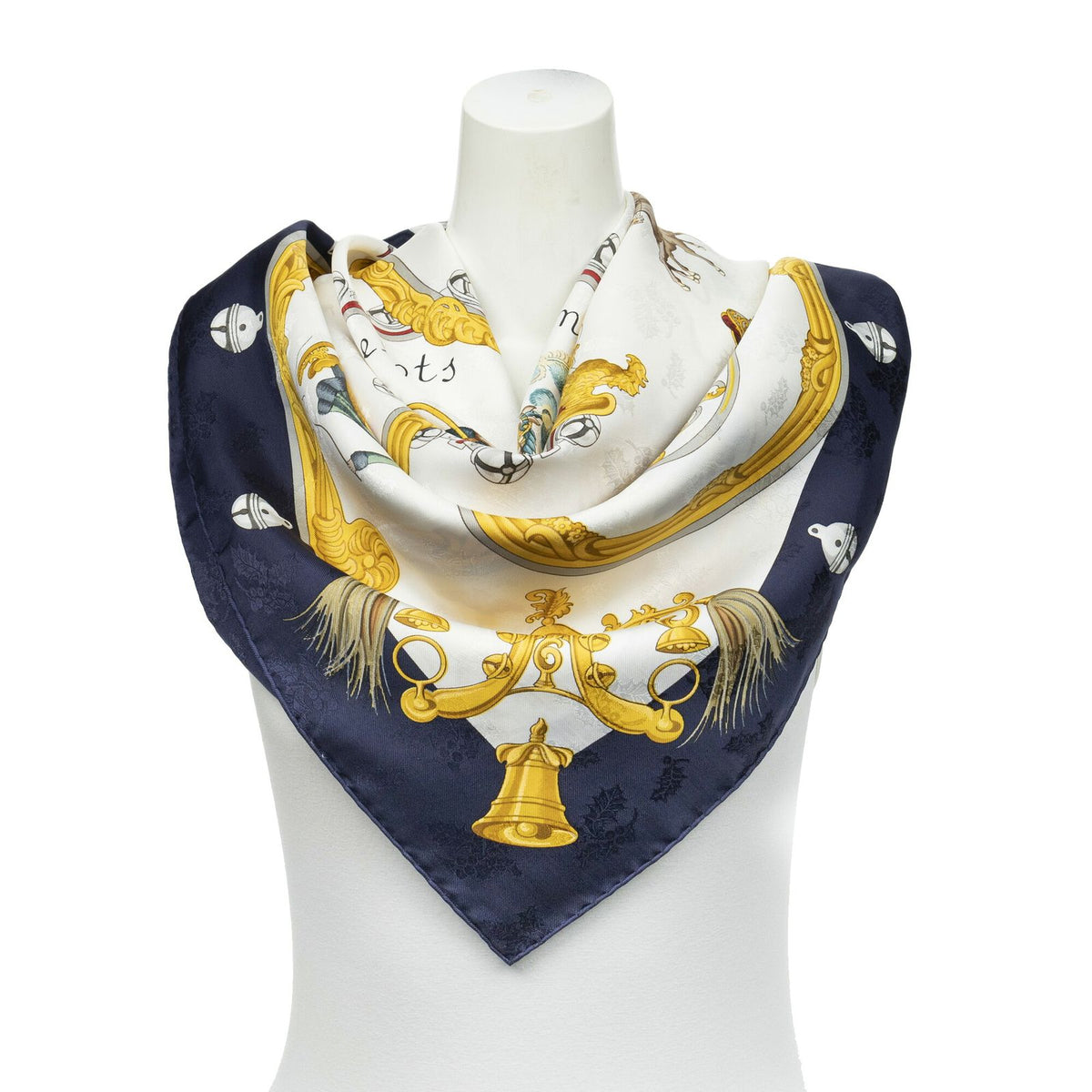Hermes Scarf Navy White Yellow Jacquard Silk