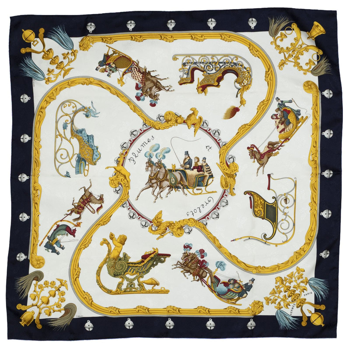 Hermes Scarf Navy White Yellow Jacquard Silk — view 2