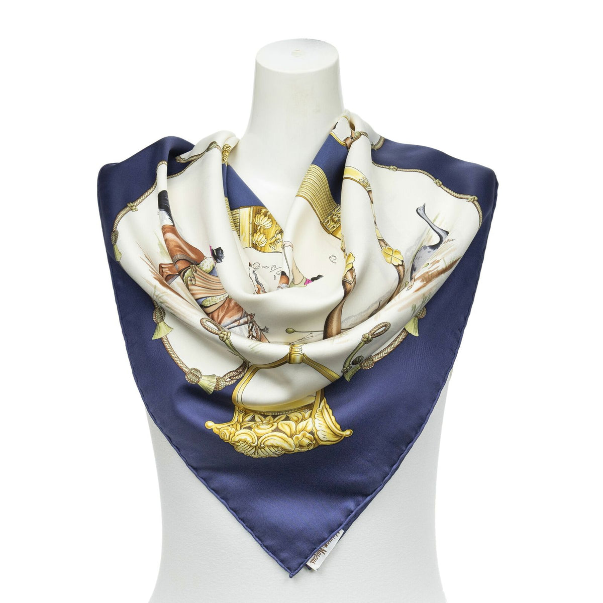 Hermes Scarf Navy Ivory Yellow Twill Silk