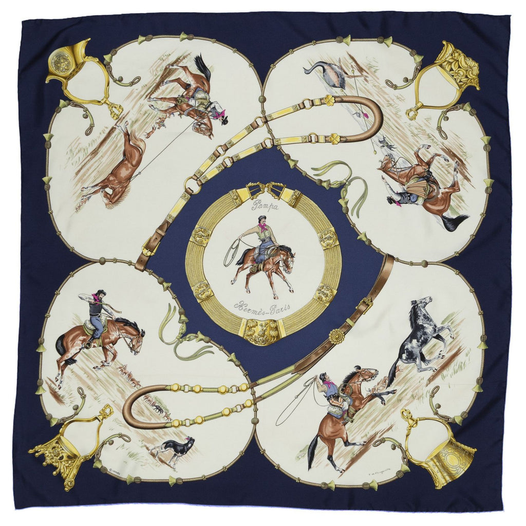 Hermes Scarf Navy Ivory Yellow Twill Silk — view 2