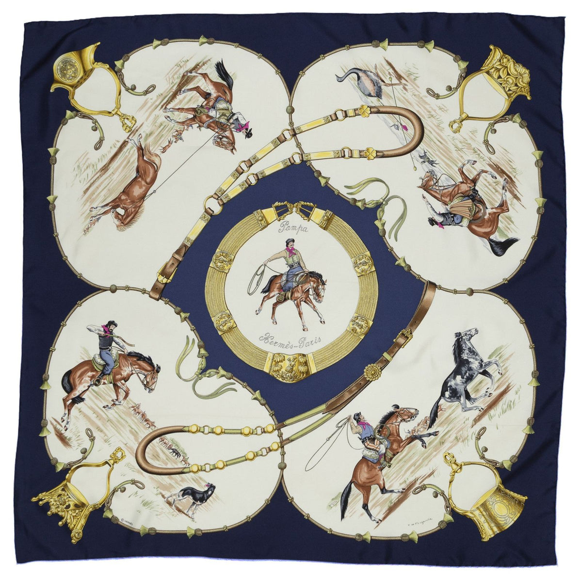 Hermes Scarf Navy Ivory Yellow Twill Silk — view 2