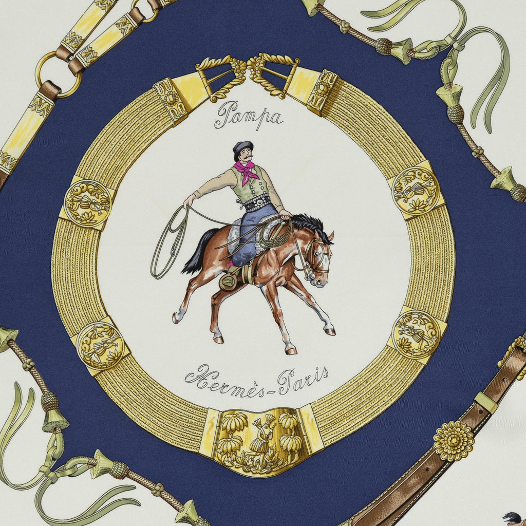 Hermes Scarf Navy Ivory Yellow Twill Silk — view 3