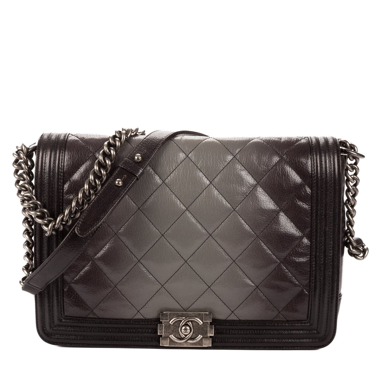 Chanel Large Hobo Black Gray Quilted Lambskin Leather