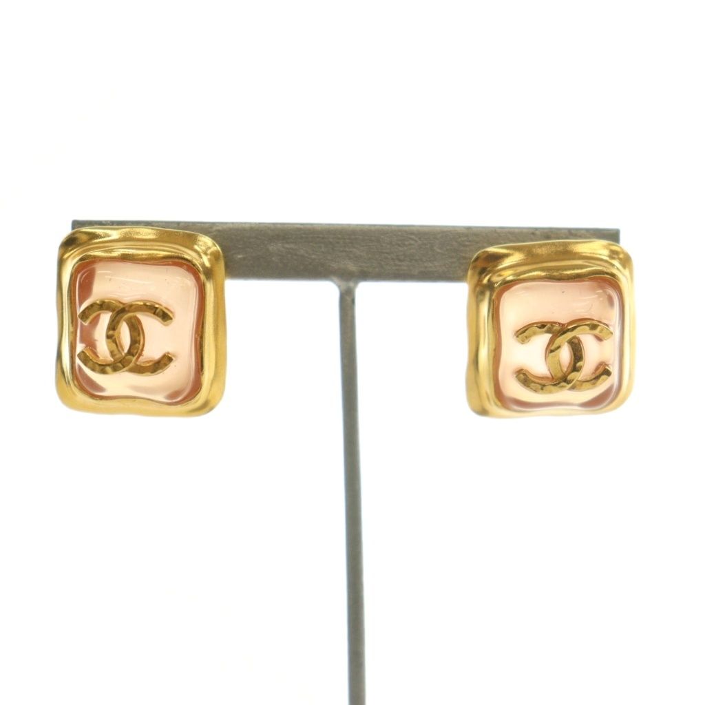 Chanel CC Logo Square Earrings Bicolor Yellow Gold Colored Pink