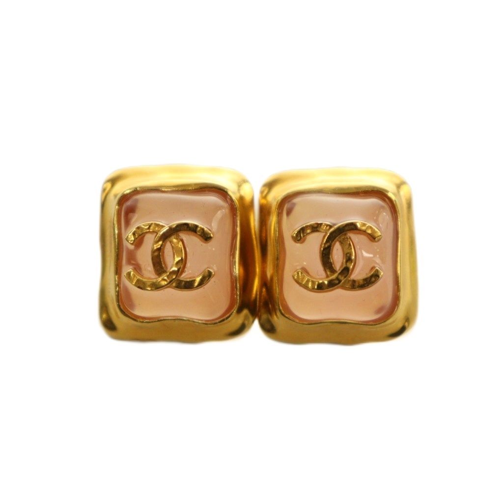Chanel CC Logo Square Earrings Bicolor Yellow Gold Colored Pink — view 4