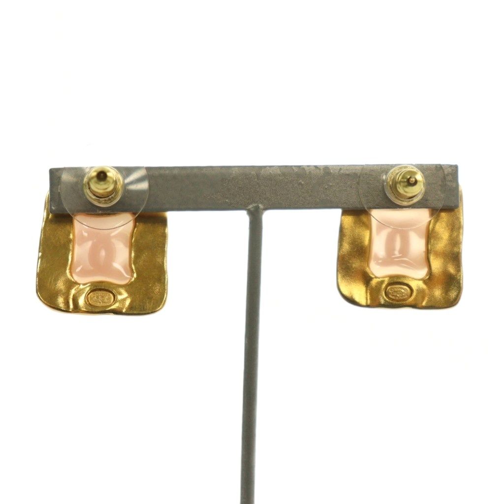 Chanel CC Logo Square Earrings Bicolor Yellow Gold Colored Pink — view 3
