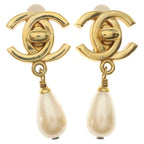 Chanel CC Logo Drop Pearl Earrings Gold 96P Vintage