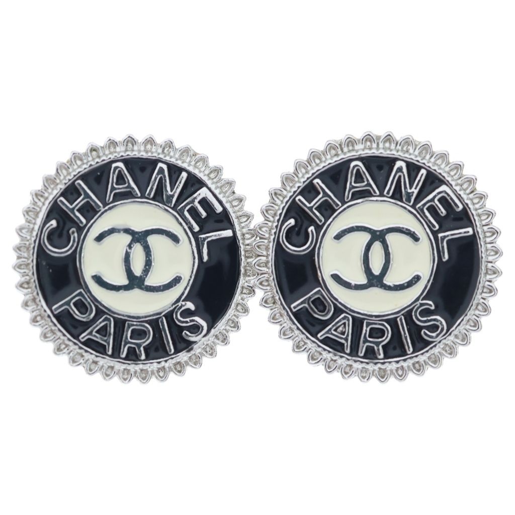 Chanel CC Logo Circle Earrings Metal Silver Black