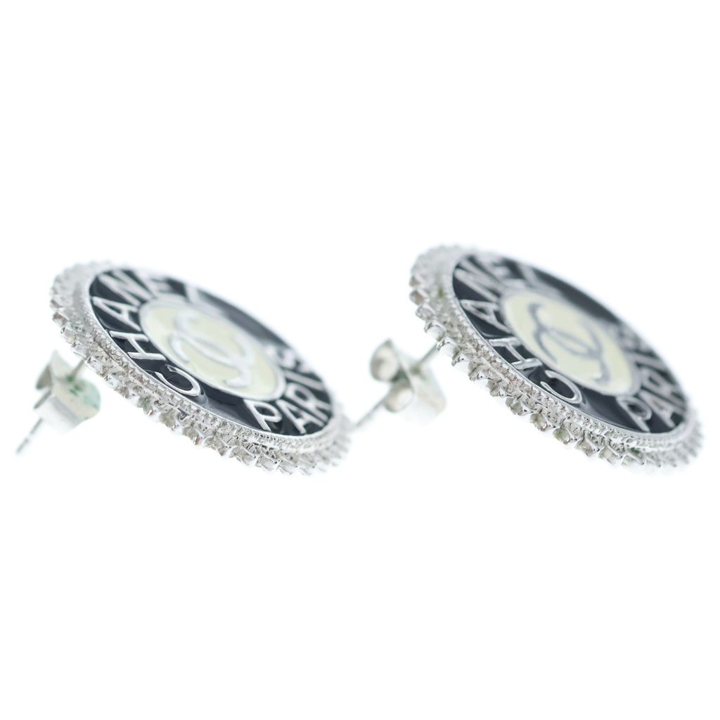 Chanel CC Logo Circle Earrings Metal Silver Black — view 4