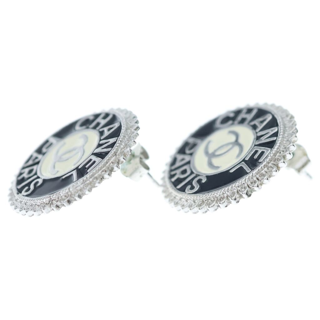 Chanel CC Logo Circle Earrings Metal Silver Black — view 3