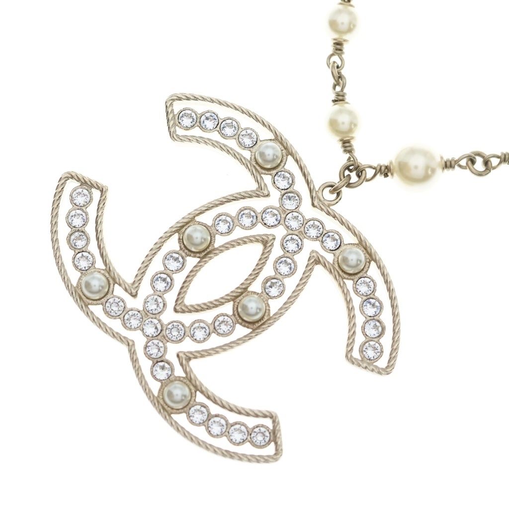 Chanel CC Logo Rhinestone Pearl Pendant Chain Gold