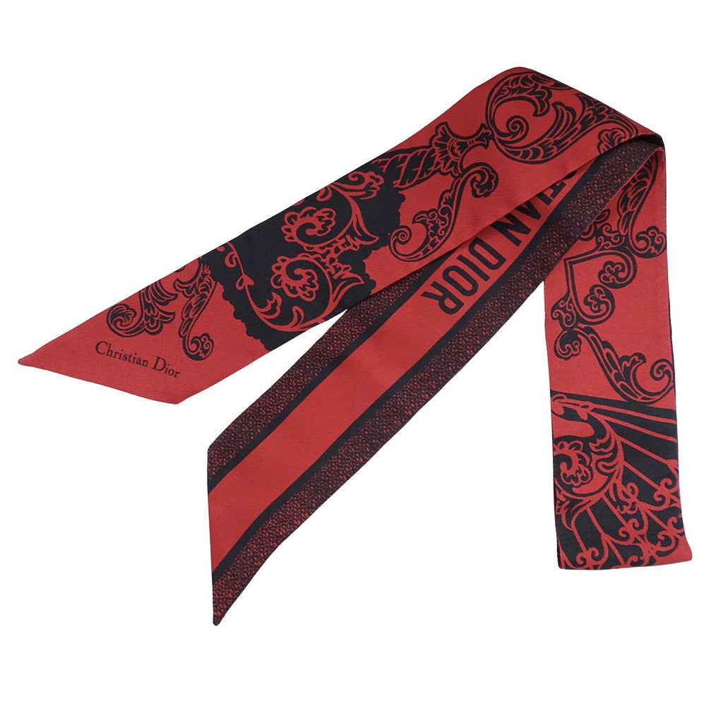 Dior Scarf Silk Mitzah Red Black Logo Heart Ribbon
