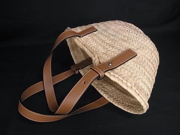 Loewe Anagram Raffia Leather Basket Bag Handbag Beige Brown — view 3