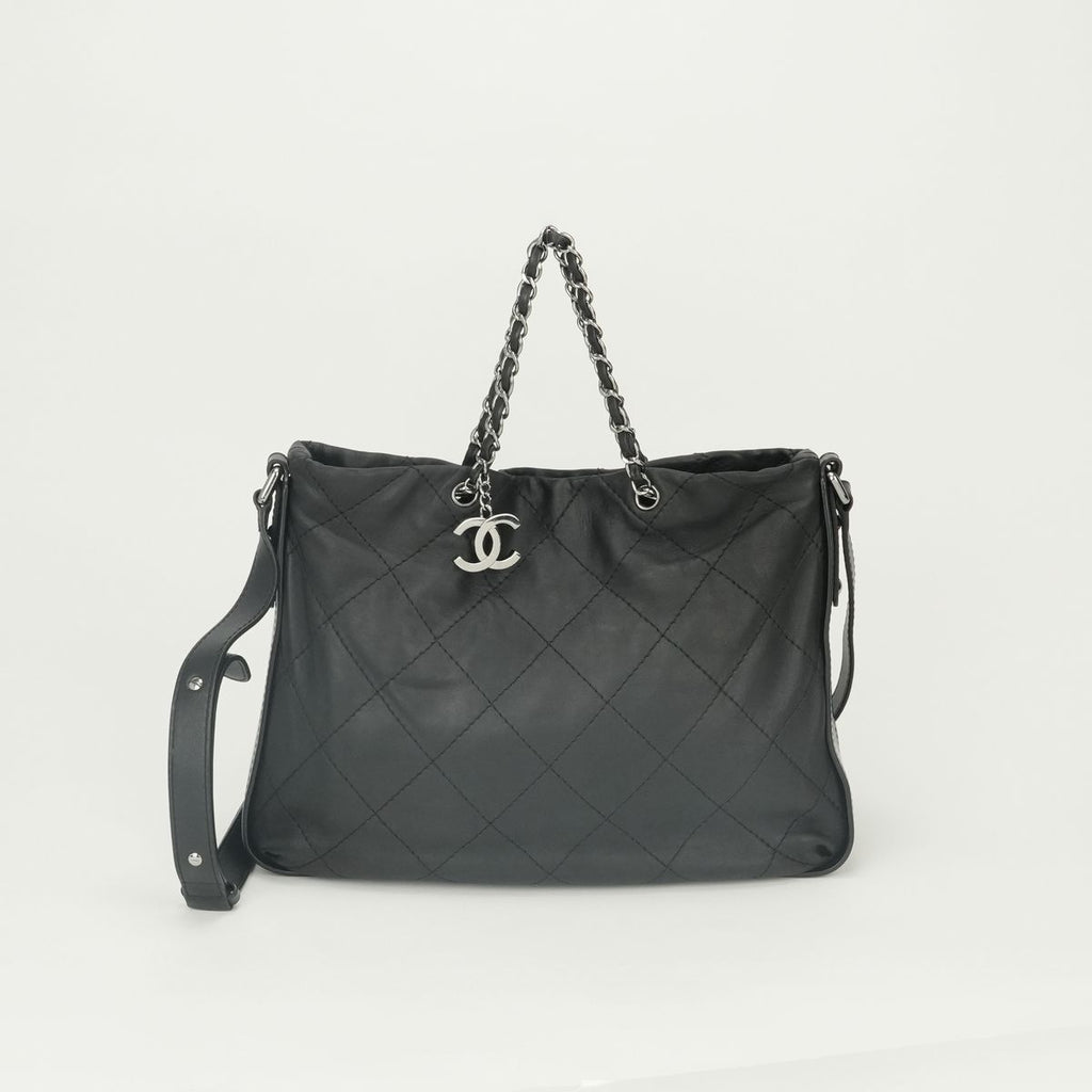 Chanel Quilted Tote Shoulder Bag Calfskin Black Silver CC Logo 2-Way Double
