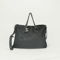 Chanel Quilted Tote Shoulder Bag Calfskin Black Silver CC Logo 2-Way Double