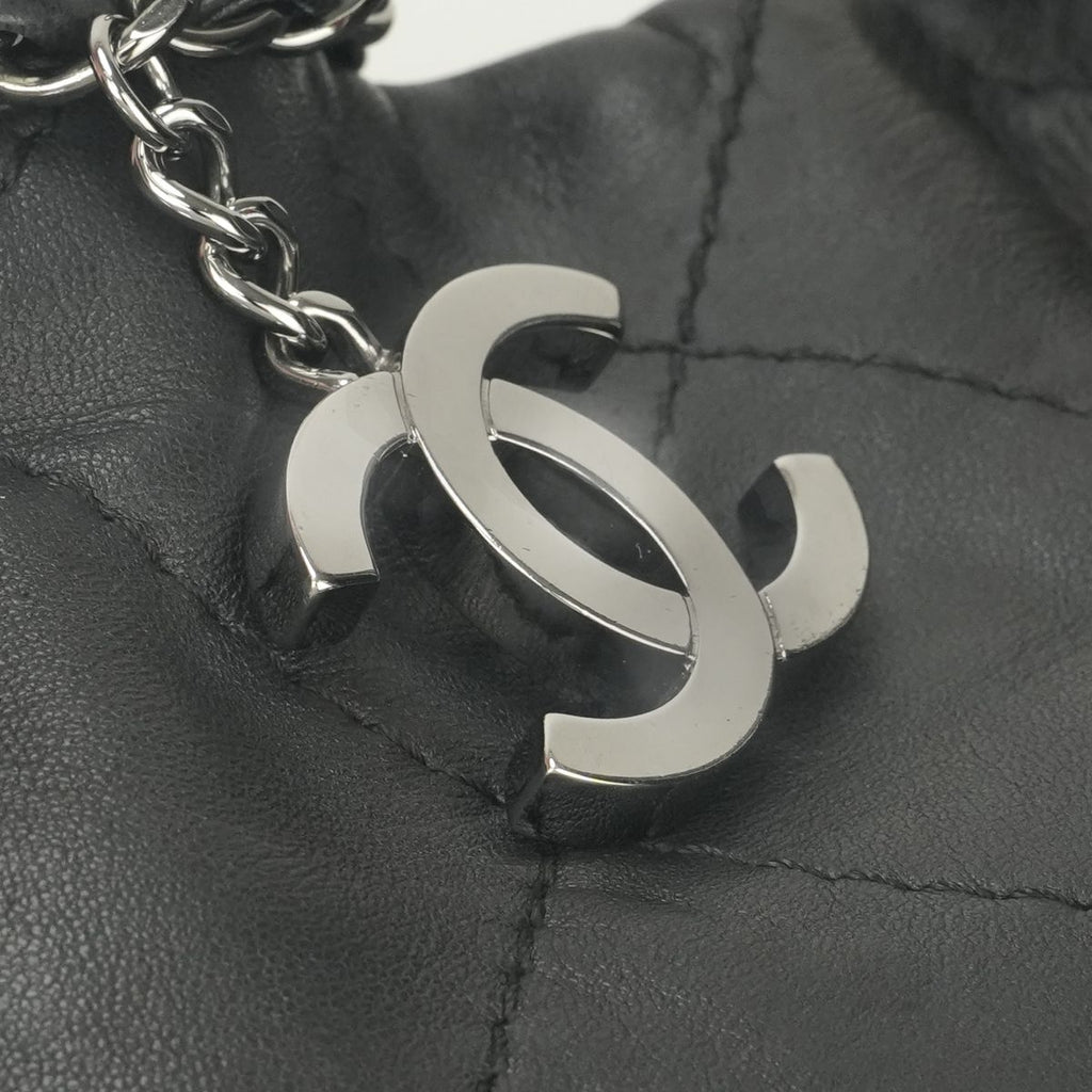 Chanel Quilted Tote Shoulder Bag Calfskin Black Silver CC Logo 2-Way Double — view 8