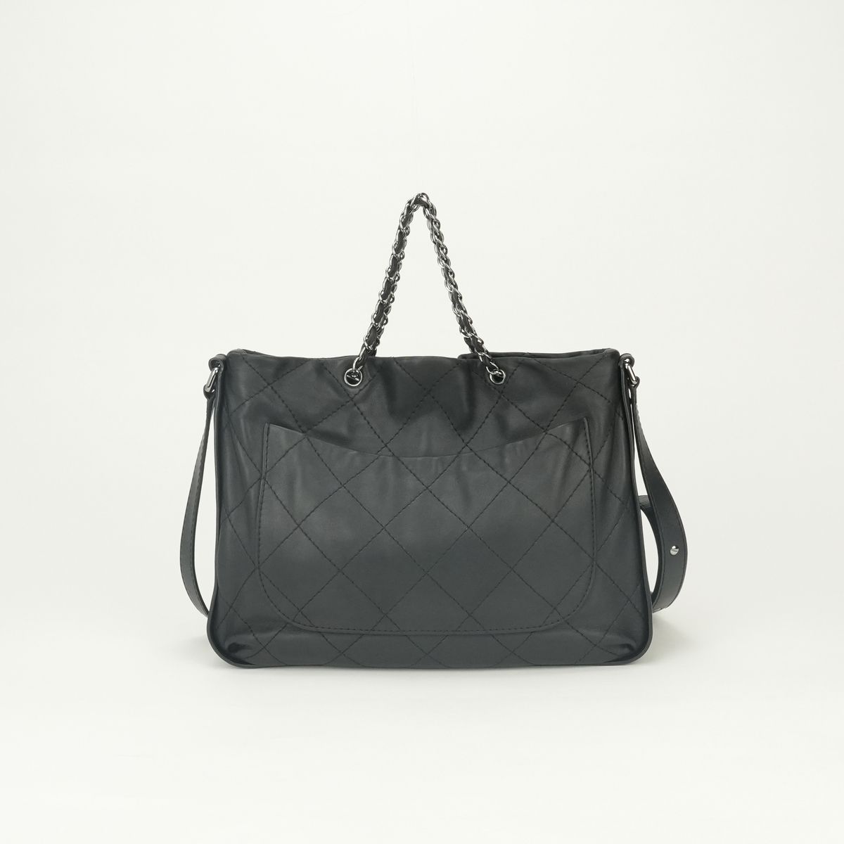 Chanel Quilted Tote Shoulder Bag Calfskin Black Silver CC Logo 2-Way Double — view 3