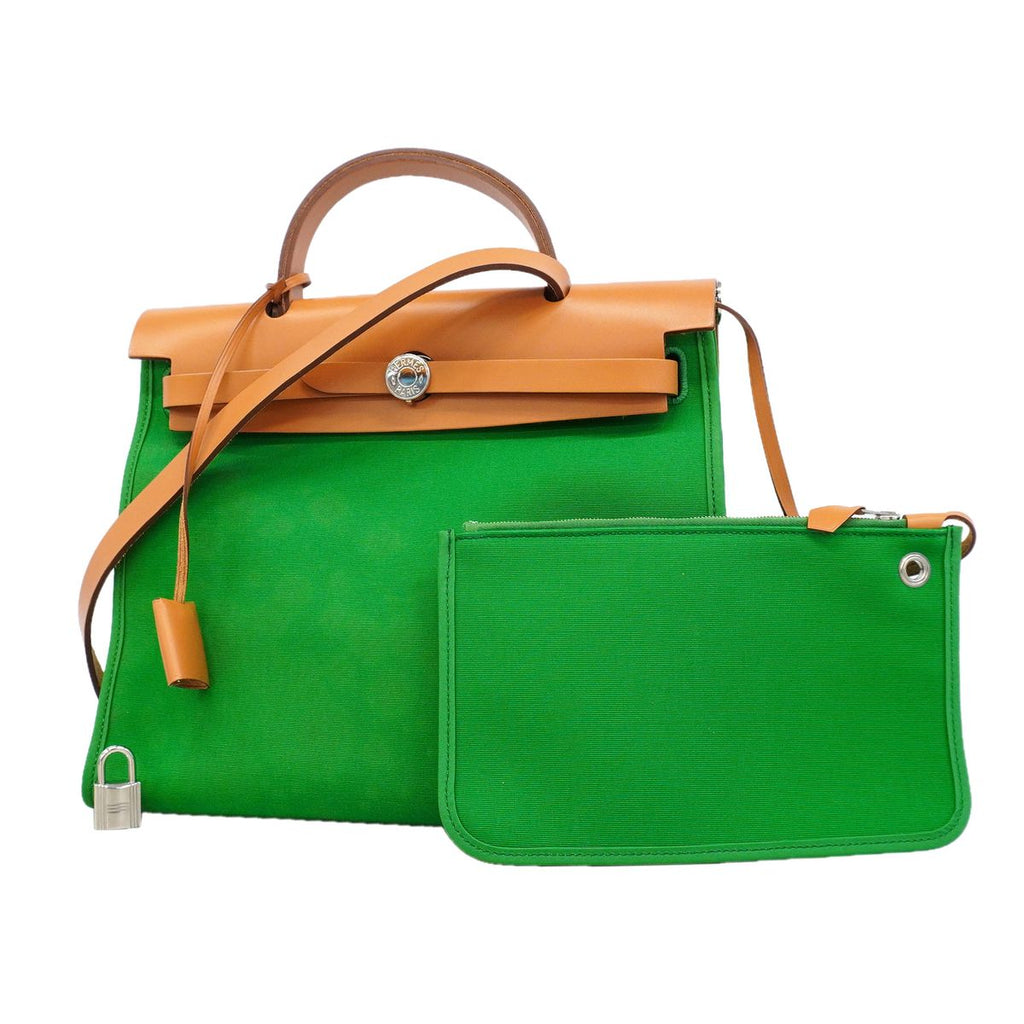 Hermes Handbag Herbag Zip PM Toile Officier Green Natural Silver