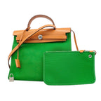 Hermes Handbag Herbag Zip PM Toile Officier Green Natural Silver