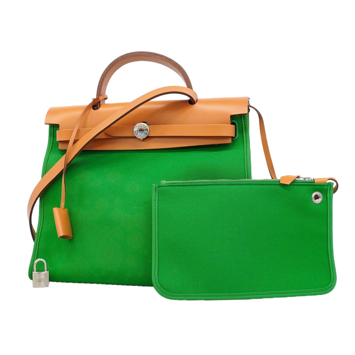 Hermes Handbag Herbag Zip PM Toile Officier Green Natural Silver