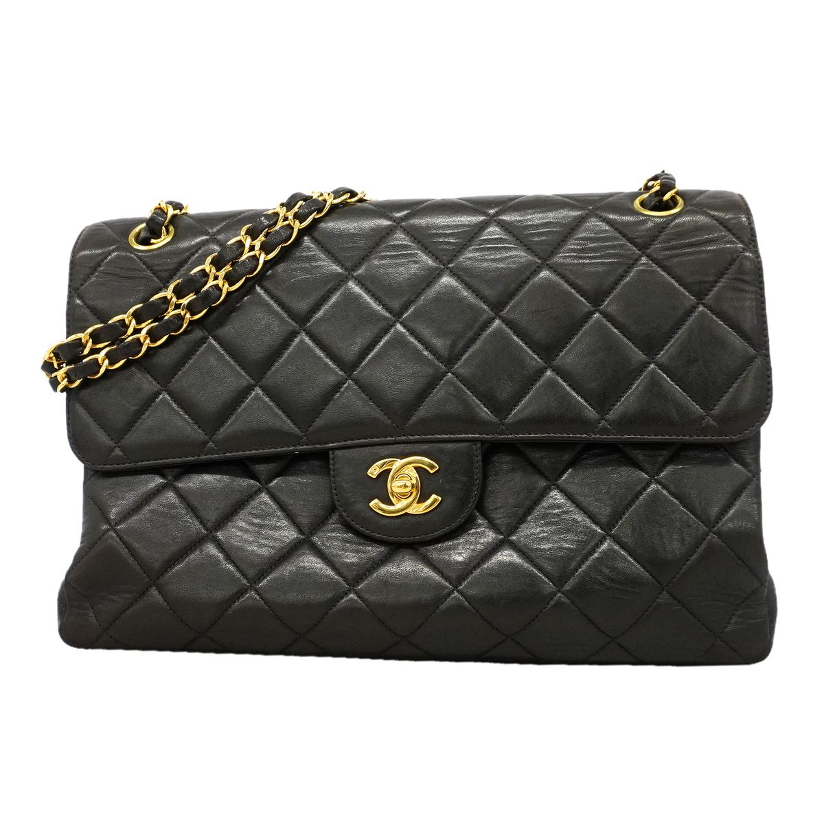 Chanel Shoulder Bag Quilted Face Lambskin Black Gold