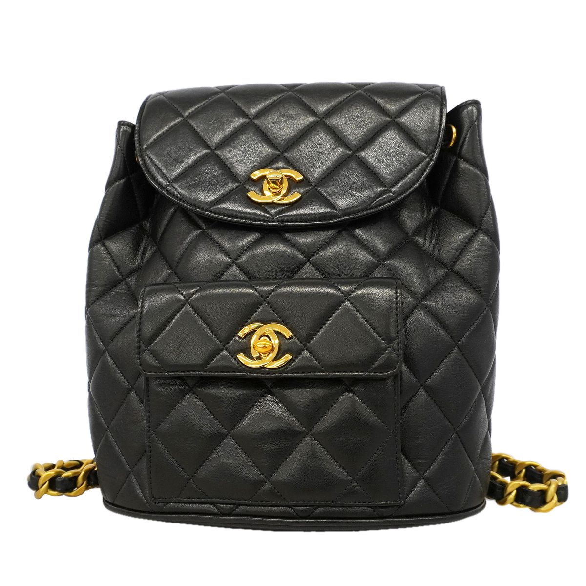 Chanel Backpack Quilted Lambskin Black Gold